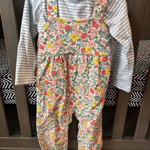Baby Boden Blue and White Striped Tee with Floral Overalls